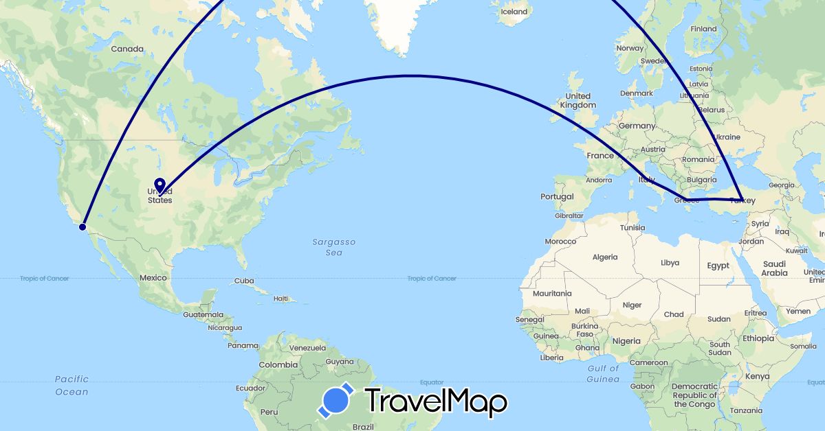 TravelMap itinerary: driving in Greece, Italy, Turkey, United States (Asia, Europe, North America)